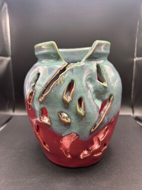 LUFKIN POTTERY SEAGROVE NC Rustic Unique WITNESS CROCK Magenta Blue Glaze Signed